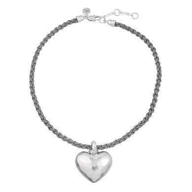 Bella Uno Worn Silver Braided Cord Hammered Metal Heart Pendant Necklace