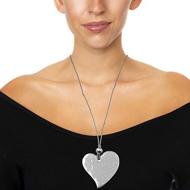 Bella Uno Worn Silver Hammered Heart Corded Pendant Necklace