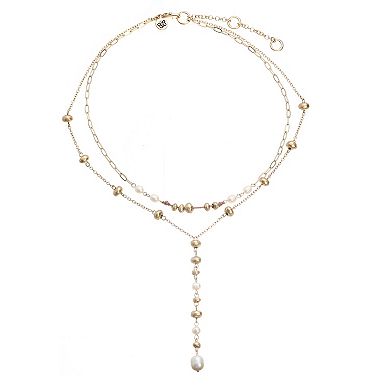 Bella Uno Worn Gold Multi-strand Bead & Freshwater Cultured Pearl Lariat Necklace