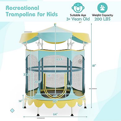 64" Kids Trampoline With Detachable Canopy And Safety Enclosure Net