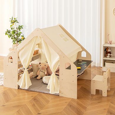 6-in-1 Kids Play Tent Playhouse With Blackboard 6 Storage Bins And Floor Cushion-beige