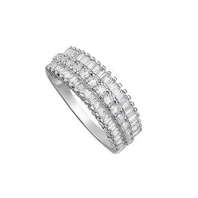 PRIMROSE Fine Silver Plated Triple Row Baguette & Round Cubic Zirconia Polished Band Ring