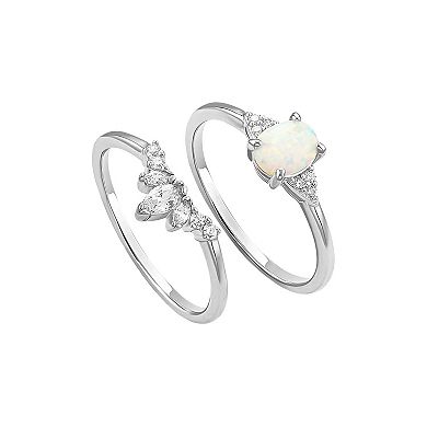 PRIMROSE Fine Silver Plated White Opal & Graduated Marquise Cubic Zirconia Ring Duo Set