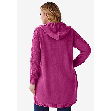 Woman Within Women's Plus Size Hooded Cable Cardigan