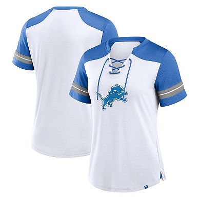 Women's Fanatics White/Blue Detroit Lions Foiled Primary Lace-Up T-Shirt