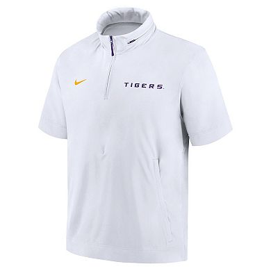 Men's Nike White LSU Tigers 2024 Sideline Coach Short Sleeve Half-Zip Hoodie Jacket