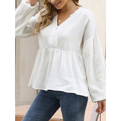 Womens V Neck Babydoll Shirt Puff Long Sleeve Ruffle Hem Plus Size Tops Button Swing Cotton Blouse