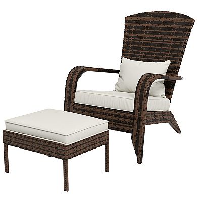 Outsunny Wicker Adirondack Chair W/ Ottoman Fire Pit Chair W/ Cushion Beige