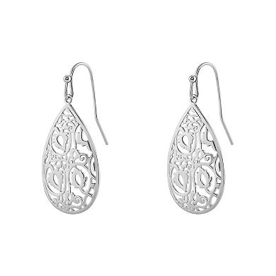 PRIMROSE Silver Tone Polished Cut Out Teardrop Filigree Earrings