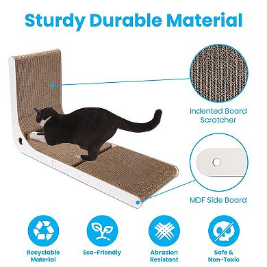 Brown, L-shaped Cat Scratcher With Interactive Toy And Lounge Bed