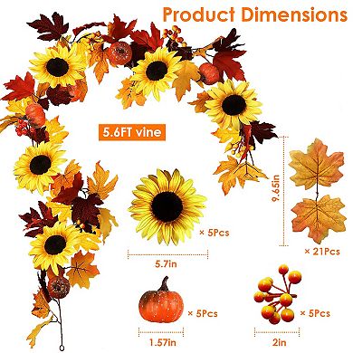 Artificial Maple Leaf Garland, 5.6ft, Autumnal Bliss, Lifelike Foliage With Pumpkins, Sunflowers