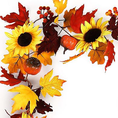 Artificial Maple Leaf Garland, 5.6ft, Autumnal Bliss, Lifelike Foliage With Pumpkins, Sunflowers