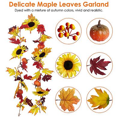 Artificial Maple Leaf Garland, 5.6ft, Autumnal Bliss, Lifelike Foliage With Pumpkins, Sunflowers