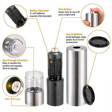 Silver, Electric Stainless Steel Salt Pepper Grinder With Light