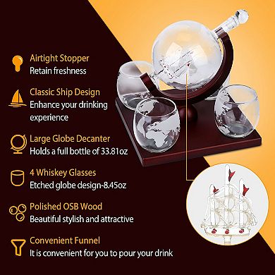 8.45oz, Whiskey Decanter Globe With Wooden Tray Set Of 4
