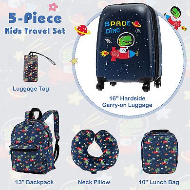 5 Piece Kids Luggage Set With Backpack  Neck Pillow  Name Tag  Lunch Bag