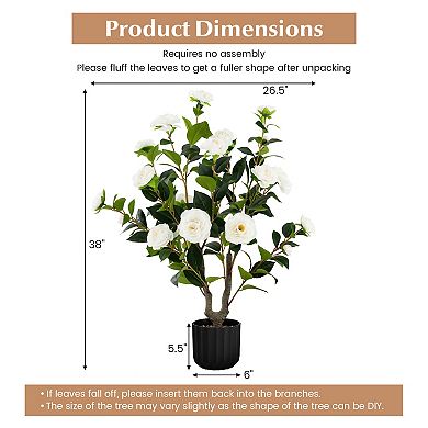 38 Inch Artificial Camellia Tree Faux Flower Plant In Cement Pot