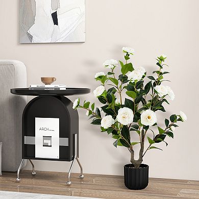 38 Inch Artificial Camellia Tree Faux Flower Plant In Cement Pot