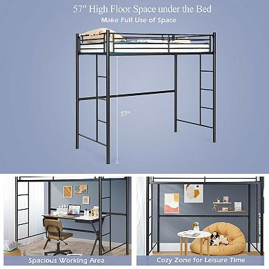 Twin Loft Bed Frame With 2 Ladders Full-length Guardrail