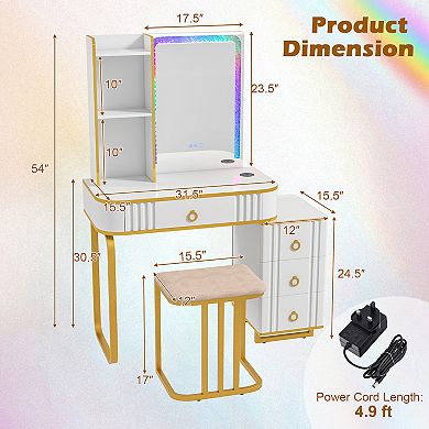 Vanity Table Set With Rgb Led Lights And Wireless Charging Station