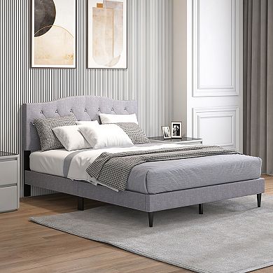 Queen Size Upholstered Platform Bed With Button Tufted Headboard-queen Size