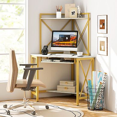 Space-saving Corner Computer Desk With With Hutch And Keyboard Tray