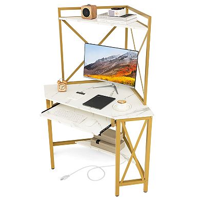 Space-saving Corner Computer Desk With With Hutch And Keyboard Tray