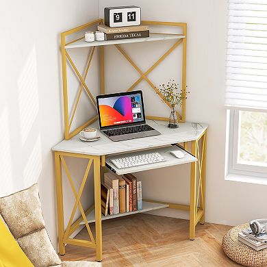 Space-saving Corner Computer Desk With With Hutch And Keyboard Tray