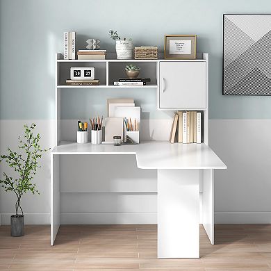 L-shaped Desk Corner Computer Desk With Open Storage Hutch And Cabinet-White