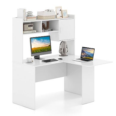 L-shaped Desk Corner Computer Desk With Open Storage Hutch And Cabinet-White