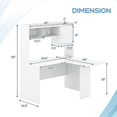 L-shaped Desk Corner Computer Desk With Open Storage Hutch And Cabinet-White