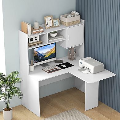 L-shaped Desk Corner Computer Desk With Open Storage Hutch And Cabinet-White