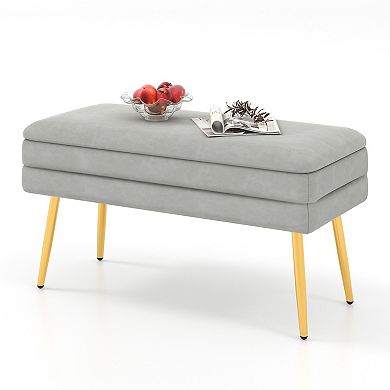 Velvet Upholstered Storage Bench With Removable Top-grey