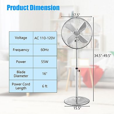 16 Inch Pedestal Standing Fan Oscillating Pedestal Fan With 3 Speeds And Adjustable Height