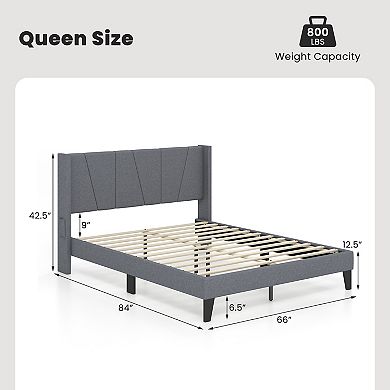 Full/queen Size Bed Frame With Wingback Headboard And Wood Slat Support