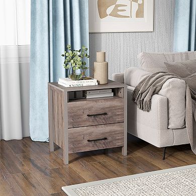 Nightstand With 2 Drawers Farmhouse Bed Side Table With Open Storage Shelf-Grey