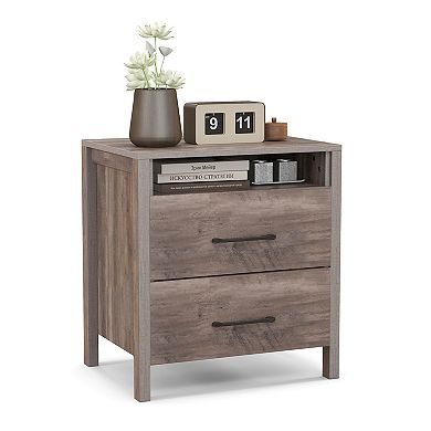 Nightstand With 2 Drawers Farmhouse Bed Side Table With Open Storage Shelf-Grey