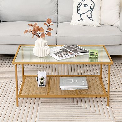 2-tier Coffee Table With Shelf Center Tea Table With Tempered Glass Top-golden