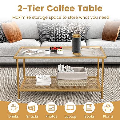 2-tier Coffee Table With Shelf Center Tea Table With Tempered Glass Top-golden