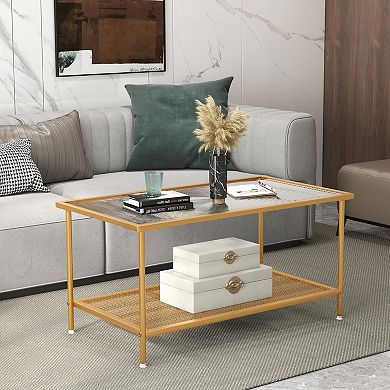 2-tier Coffee Table With Shelf Center Tea Table With Tempered Glass Top-golden