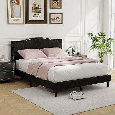 Queen Size Upholstered Bed Frame With Nailhead Trim Headboard-queen Size