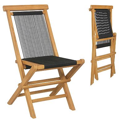 2 Piece Teak Wood Patio Folding Chairs With Woven Rope Seat And Back For Porch Backyard Poolside