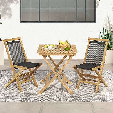 2 Piece Teak Wood Patio Folding Chairs With Woven Rope Seat And Back For Porch Backyard Poolside