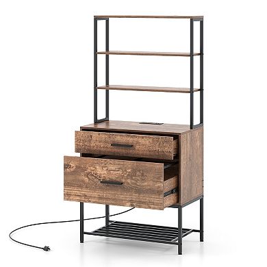 Freestanding File Cabinet With Charging Station And 3-tier Open Shelves-rustic Brown