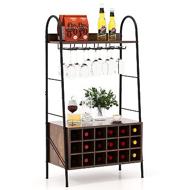Baker's Rack With Detachable Wine Rack And 5 Rows Of Stemware Holder-Rustic Brown