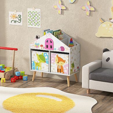 Kids House-shaped Bookshelf With 2 Storage Bins For Kids Room Playroom