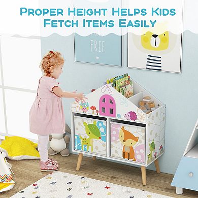 Kids House-shaped Bookshelf With 2 Storage Bins For Kids Room Playroom