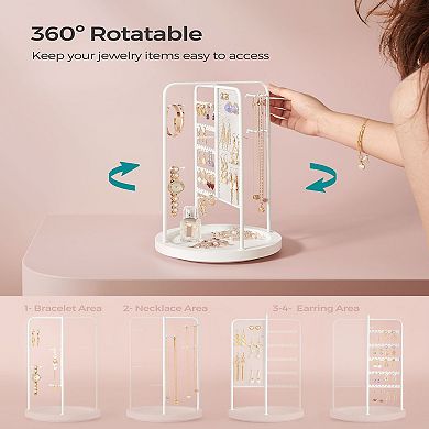 Rotating Jewelry Display Stand, 4 Independent Sections, Metal Frame, With Bottom Tray