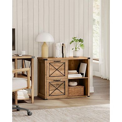 Farmhouse Style Lateral File Cabinet With 2 Open Compartments, 2 Drawers