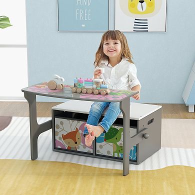 3 In 1 Kids Convertible Activity Bench With 2 Removable Fabric Bins